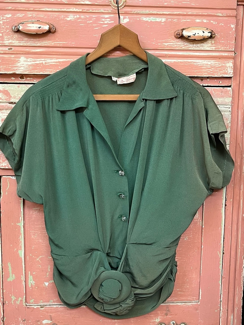 1940s Kelly Green Rayon Crepe Du Barry California Art Deco Blouse Top S/M